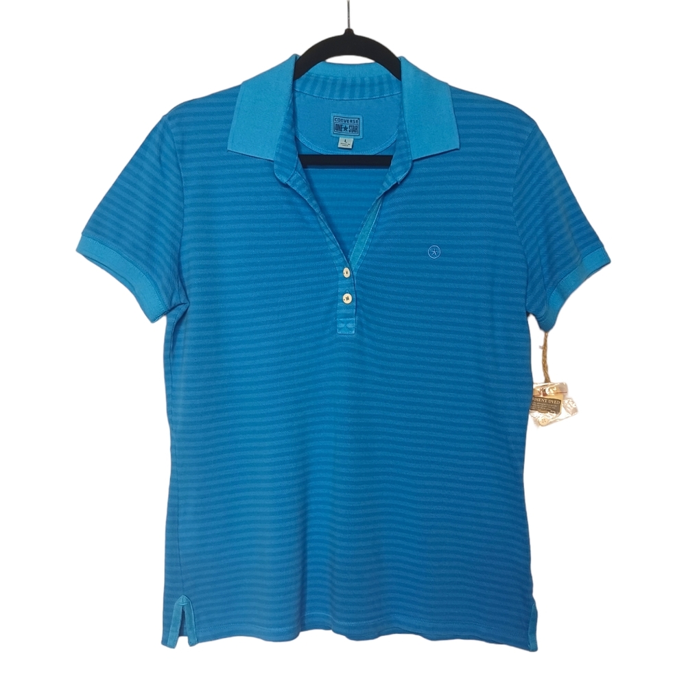 CONVERSE ONE STAR Blue Thin Stripe Print Short Sleeve Polo Shirt Large NWT